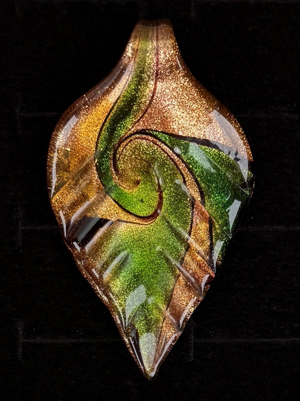 Vintage Hand Blown Art Glass Leaf Pendant Green Gold Aventurine Statement